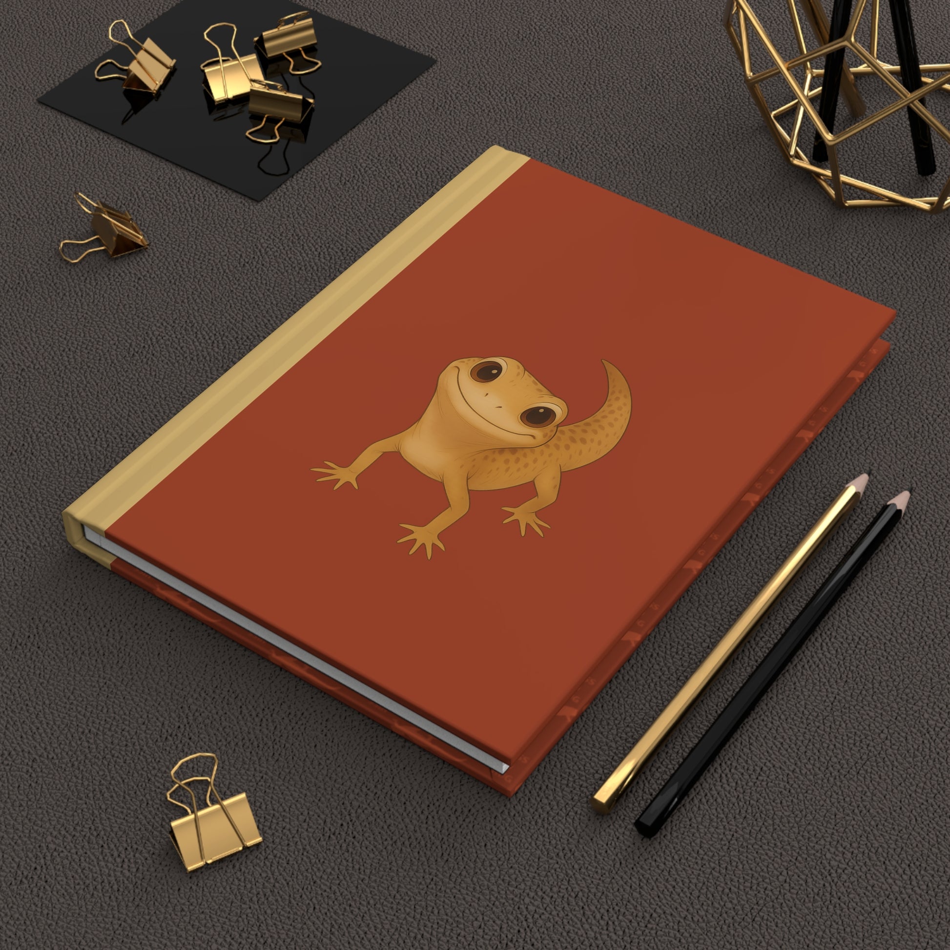 Leopard Gecko Hardcover Journal – Smiling Gecko, Red Matte Cover – Cute Animal Notebook, 150 Lined Pages – Reptile Owner Gift