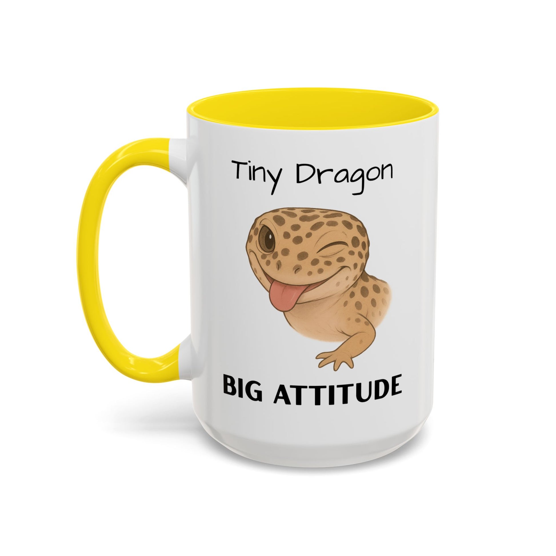 Leopard Gecko Accent Coffee Mug – "Tiny Dragon. Big Attitude" – Colorful Handle, Ceramic, 11oz & 15oz – Reptile Lover & Gecko Owner Gift